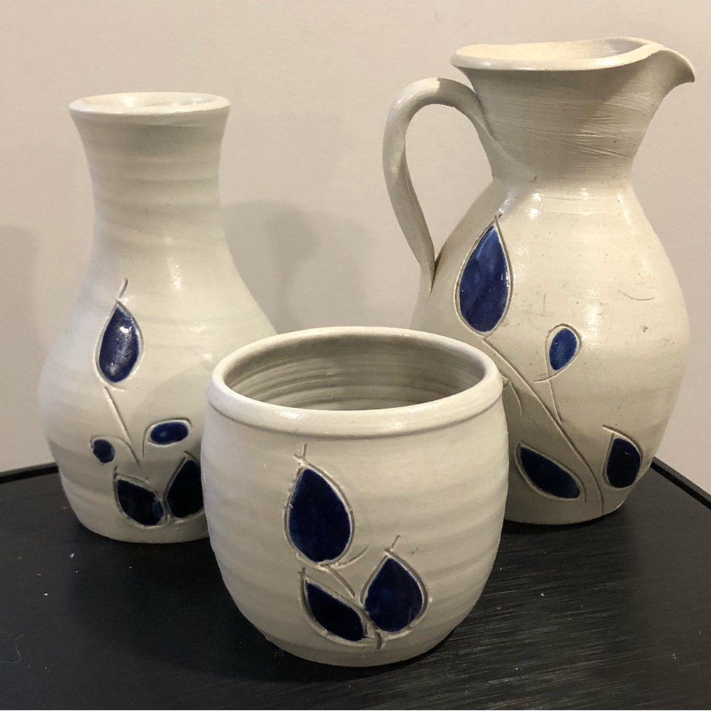 COPY - 3 Pieces of Williamsburg Pottery Handmade Salt Glaze All Stamped Jug 7” …